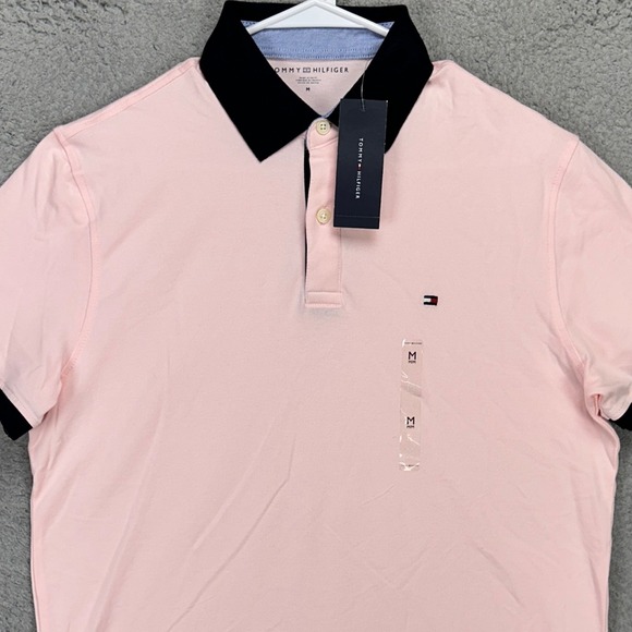 Tommy Hilfiger Mens Polo Shirt Medium Light Pink Stretch Casual Rugby Logo NEW